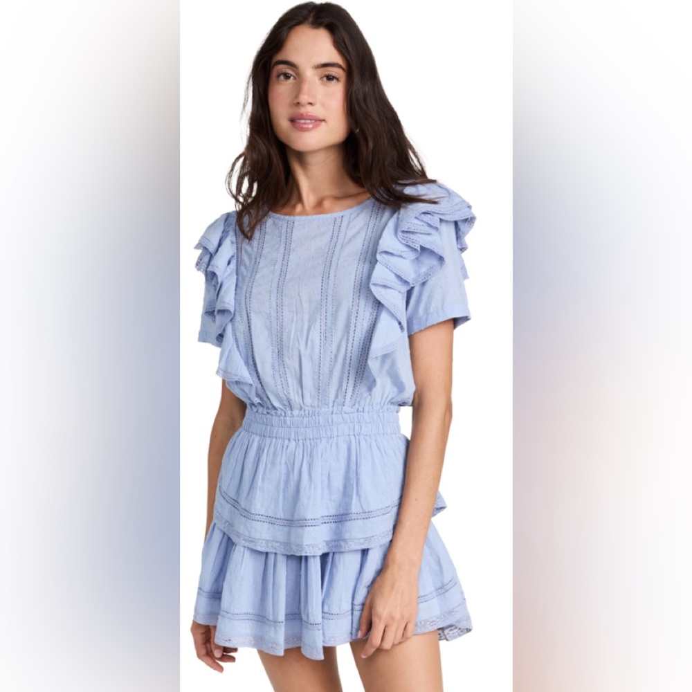 EUC LoveShackFancy Blue Ruffled Short Sleeve “Natasha” dress, size XS
